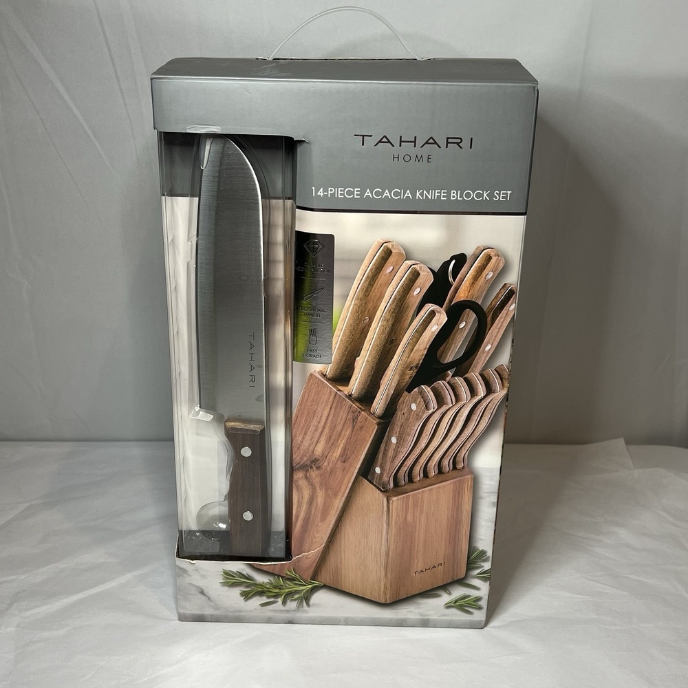 Tahari Home 14 Piece Acacia Wood Knife Block Set Brand New Boxed‎